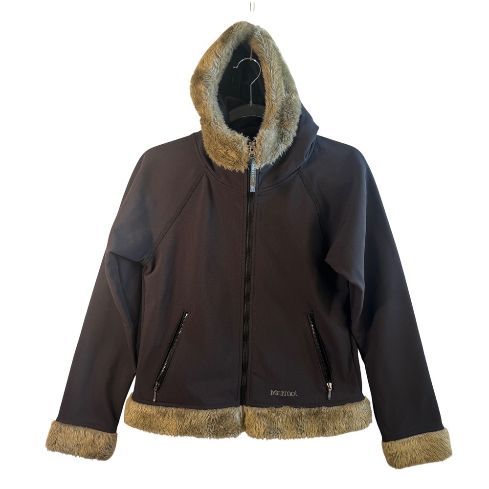 Marmot Softshell Jacket Faux Fur Trim Hooded Fleece Lined Grey Black Women Small
